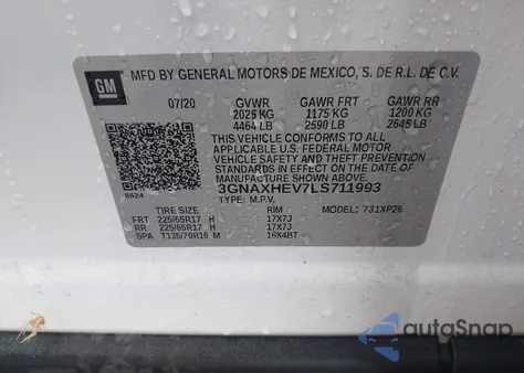 2020 Chevrolet Equinox Fwd Ls z USA, uszkodzony, nr VIN 3GNAXHEV7LS711993
